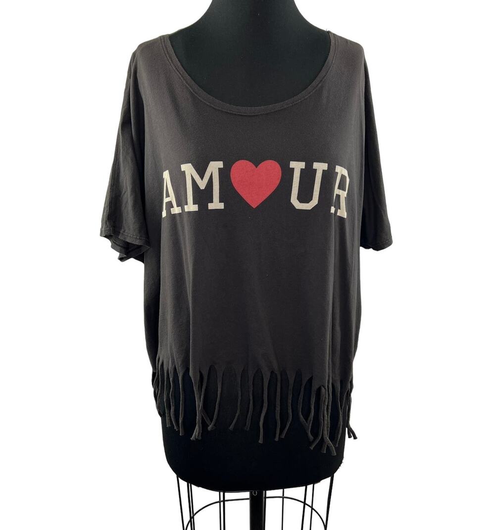 TRULY MADLY DEEPLY Black Cotton Scoop Neck Fringe "Amore" T-Shirt Top Sz OS